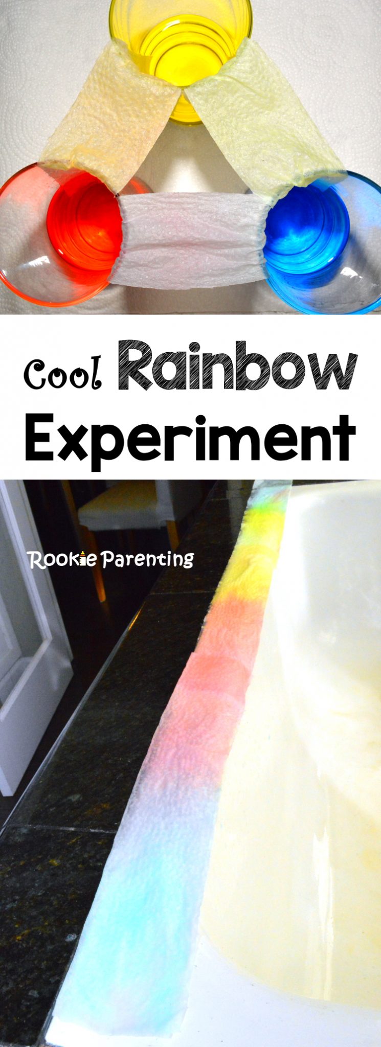 Walking water illustration. glasses with blue, red and yellow water are connected using wet paper towels. color walks from one glass to the next, creating rainbow color science experiment.