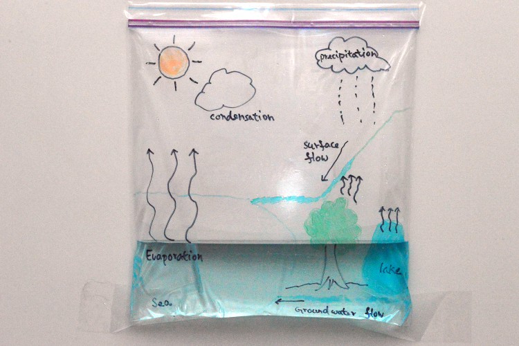 water cycle in a bag using markers and blue water