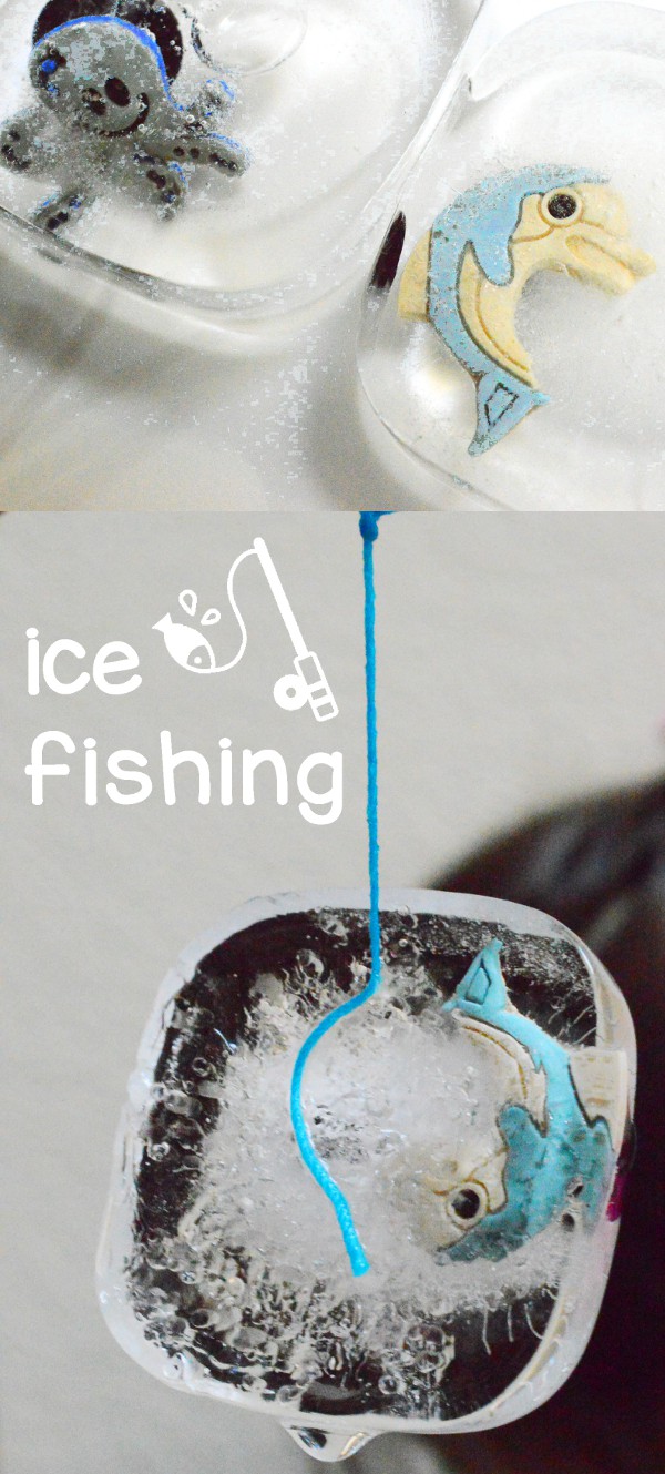 ice cubes with toys frozen inside, ice cubes lifted by the thread