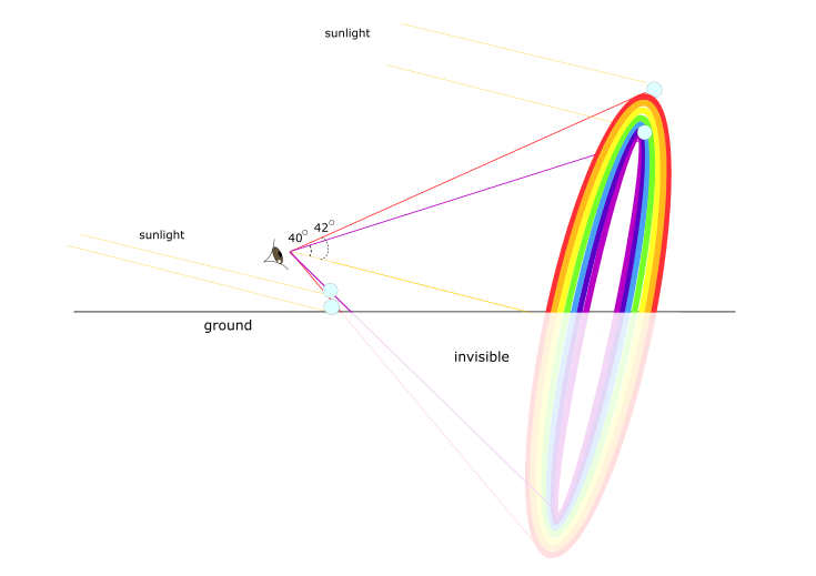 How are rainbows formed. Diagram showing why rainbows are arched.