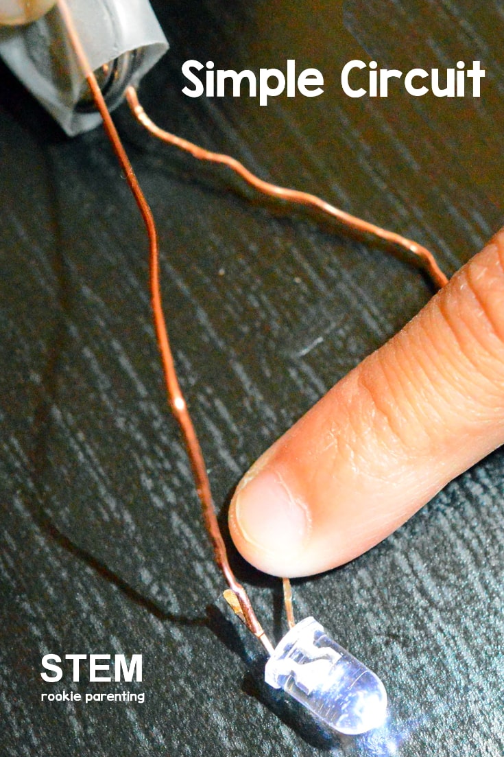 A finger presses copper wire connected to an LED light. Build a simple closed electric circuit.