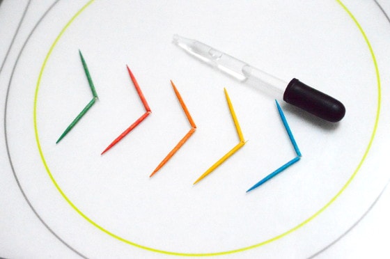 Toothpick Star Experiment uses 5 colored toothpicks and a dropper