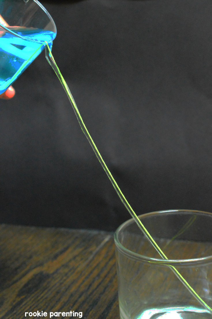 Blue water travels along a twine into a glass with a black background