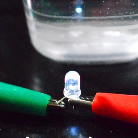 LED lightbulb connected with water through a pair of alligator clips